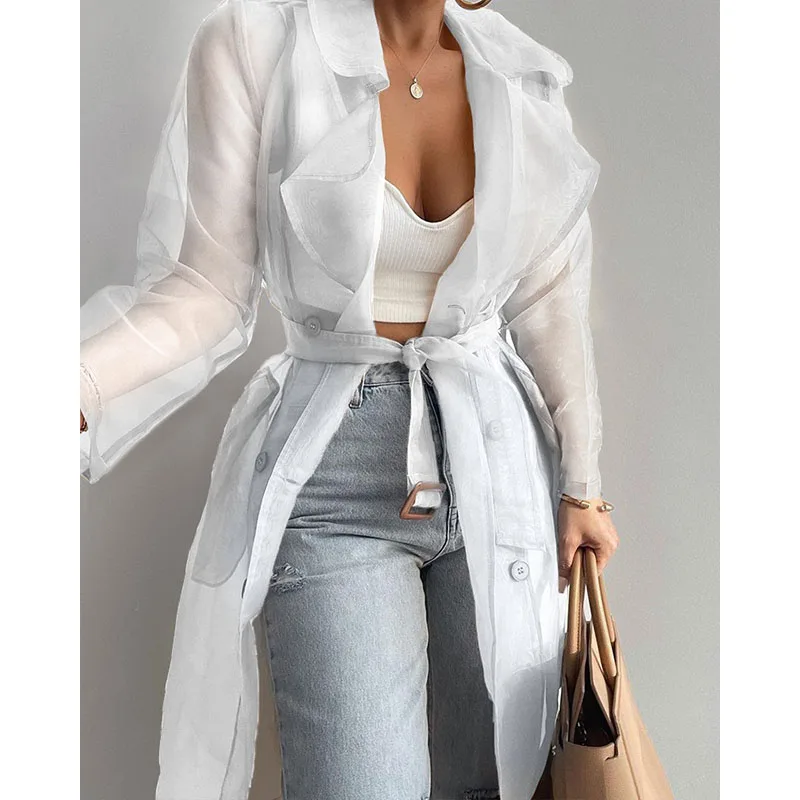 Summer Solid Color Thin Mid Length Cardigan Coat Women Light Breathable Long-sleeved Coat with Belt Sheer Sunscreen Clothing