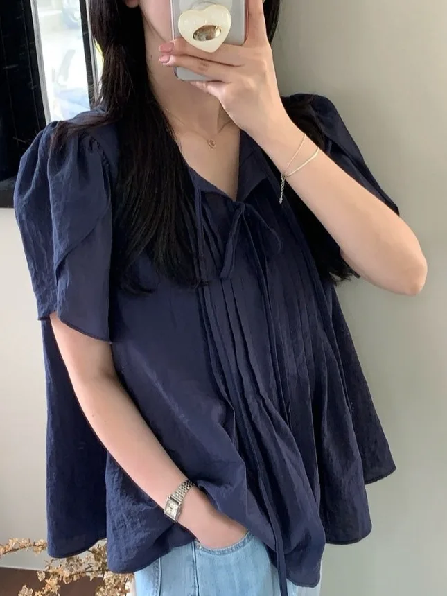 

Chic Summer ort Sve irt Women's Design Sense Knot Pleated Petal Sve Versatile Top Faionable Casual Wear