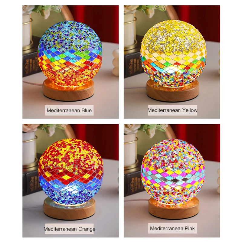 Bohemian Table Lamp Turkish Mosaic Lamp For Battery Light Multicolor Lamp Room Decorations Items Touch switch Wooden Night Light