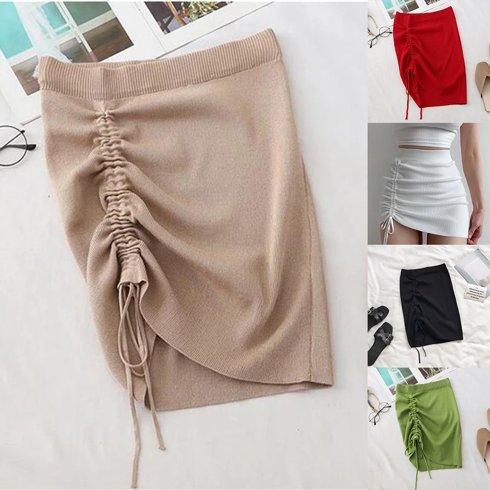 สาวเซ็กซี่ร้อน String Ruched ถักกระโปรงเอวสูงผู้หญิงแฟชั่นฤดูร้อนกระโปรง Intimates สบาย