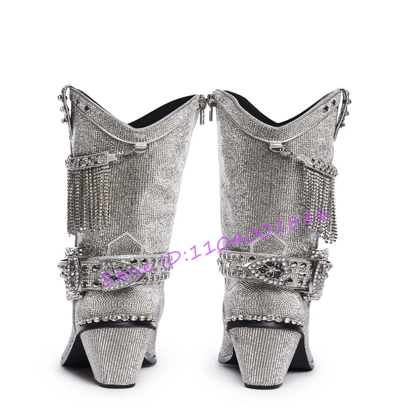 Luxury Crystal Tassels Women Boots Bling Silver Rivets Rhinestone Belt Buckle Zipper Thick Heel Calf Boots Party Banquet Shoes