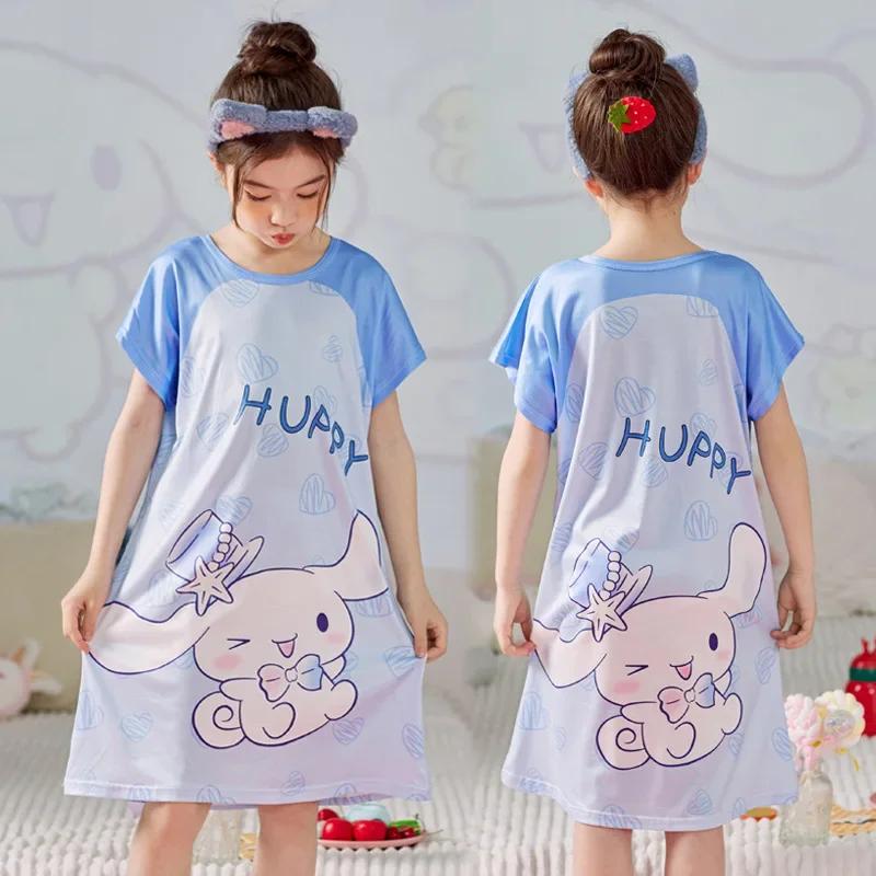 Sanrio Hello Kitty Dress Girls Nightgown Cartoon Anime Pajamas Summer Child ShortSleeves Sleepwear Dress Homewear Baby Clothing