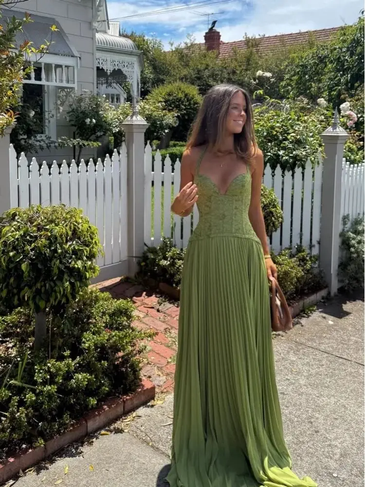 Robe longue élégante pour femme, style vintage, corset, patchwork, maxi plissée, robe de soirée formelle d'été, robe de mariée, invitée, vert