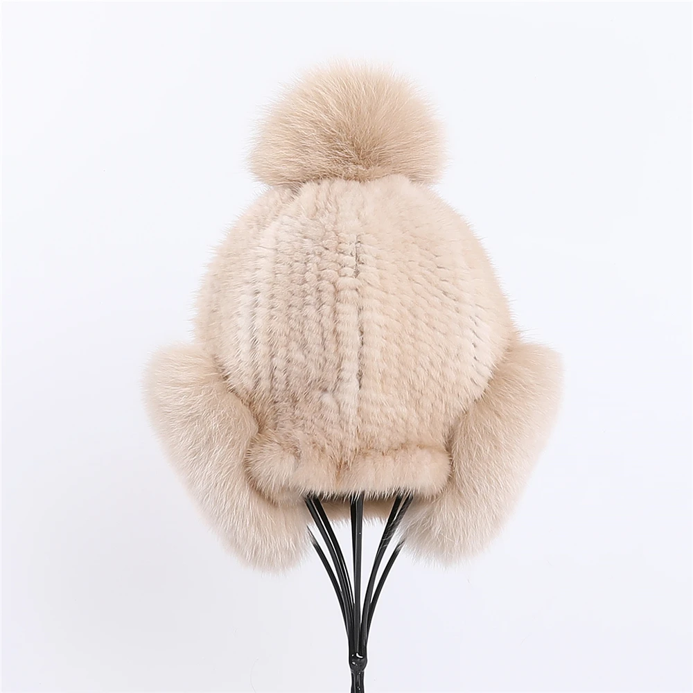 Luxury Women\'s Winter Warm 100% Genuine Mink Fur Knitted Beanie Hat Bomber Caps Fox Fur Ear Warmer Cover Hats Pom Pom Elastic