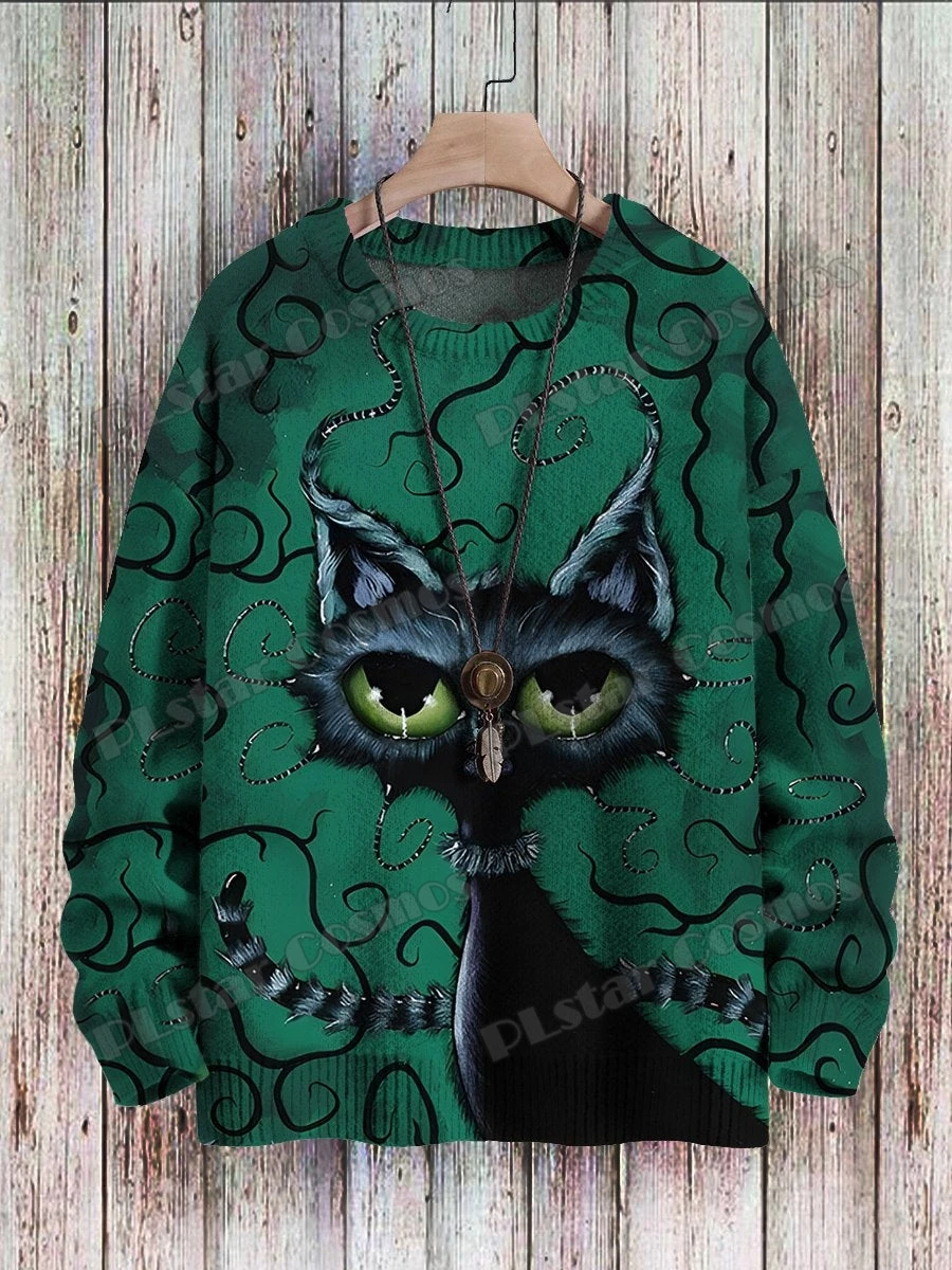 Halloween Black Cat Art Pattern 3D Printed Men's Knitted Pullover Winter Unisex Casual Knit Sweater Funny ZZM129