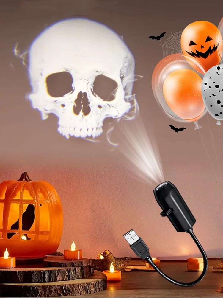 Projektor USB Halloween Duch Czaszka Lampka Nocna z Przełączanymi Wzorami LED do Dekoracji Pokoju Sufitu Okna Ściany — 2