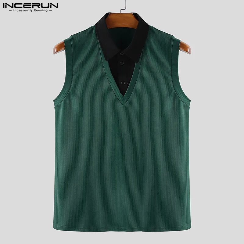 INCERUN Men Tank Tops Knitted Patchwork Lapel Sleeveless Summer Male Vests Tops Streetwear 2026 Stylish Casual Men Clothing