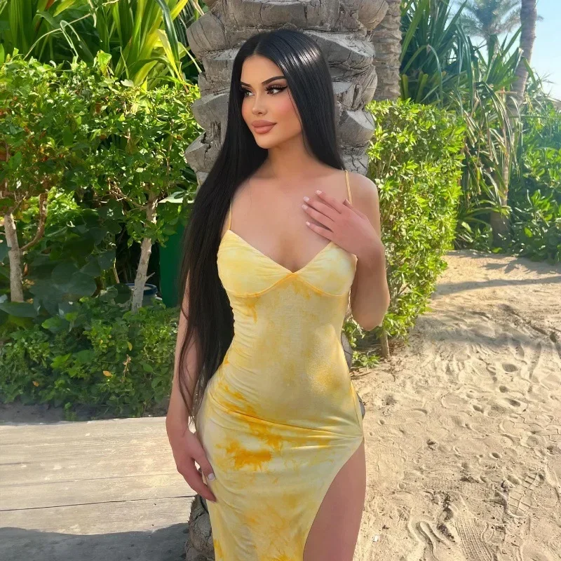 

Women Summer Sleeveless Dress Casual Tie-Dye Print High Split Party Dress for Vacation Cocktail Beach Y2k Vintage Streetwear