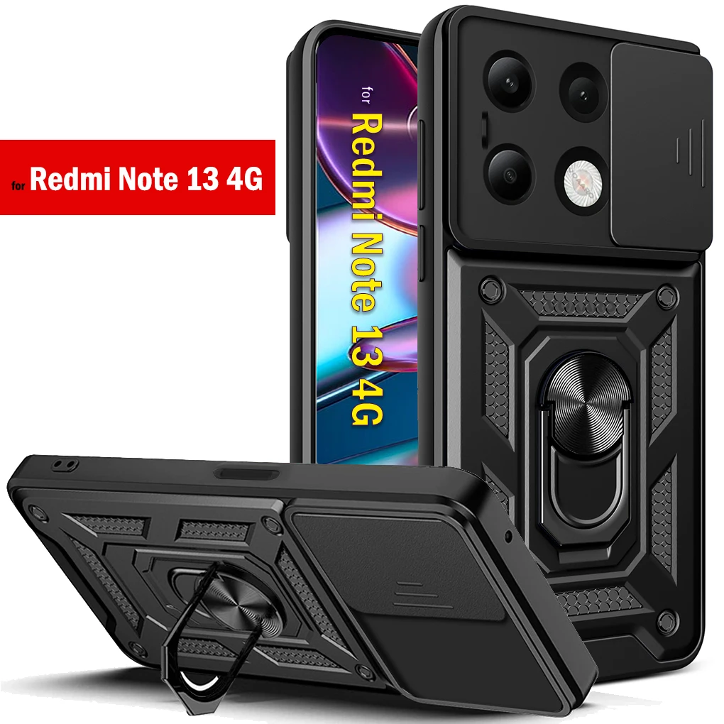 Slide Lens Camera Protection Funda for Redmi Note 13 4G Case for Xiaomi Redmi Note 13 Pro Plus Armor Case Ring Holder Cover