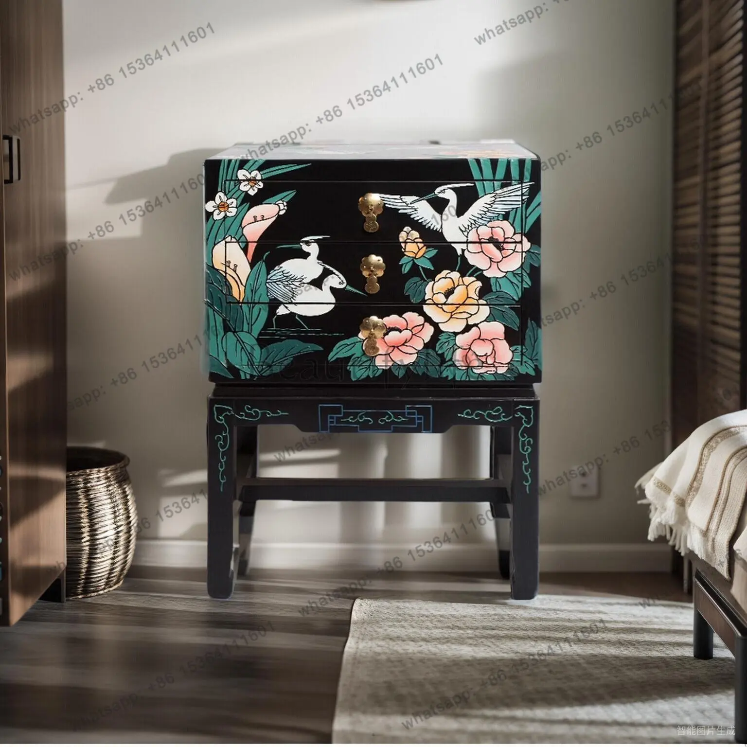 PG-lacquer new Chinese furniture engraved flowers and birds three draw a few cabinets bedside table modern simplicity
