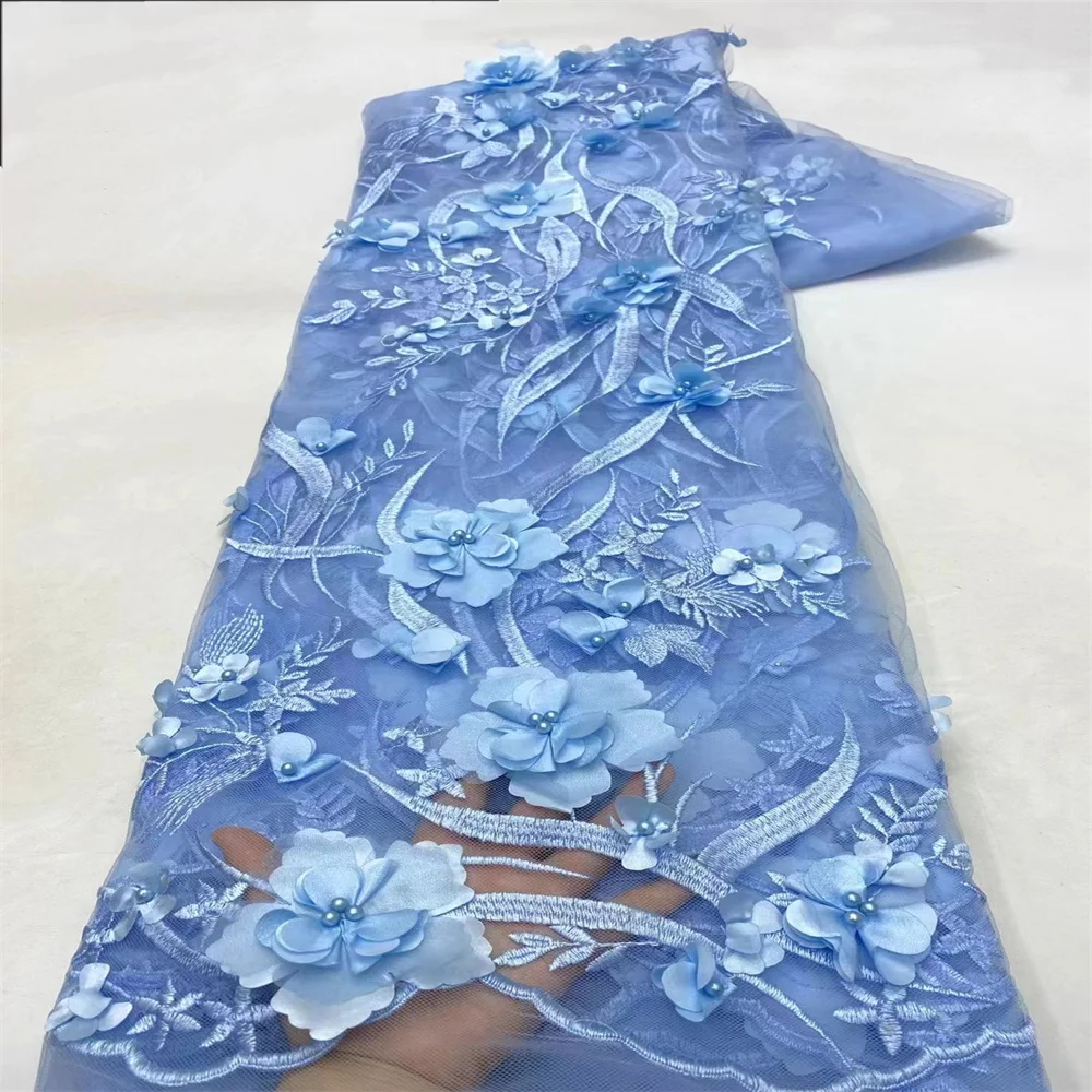

3D Lace African Tulle Lace Fabric 5 Yards High Quality Nigerian Beaded Tulle Lace Fabric For Sew Wedding Dress Women Diy Cloth x