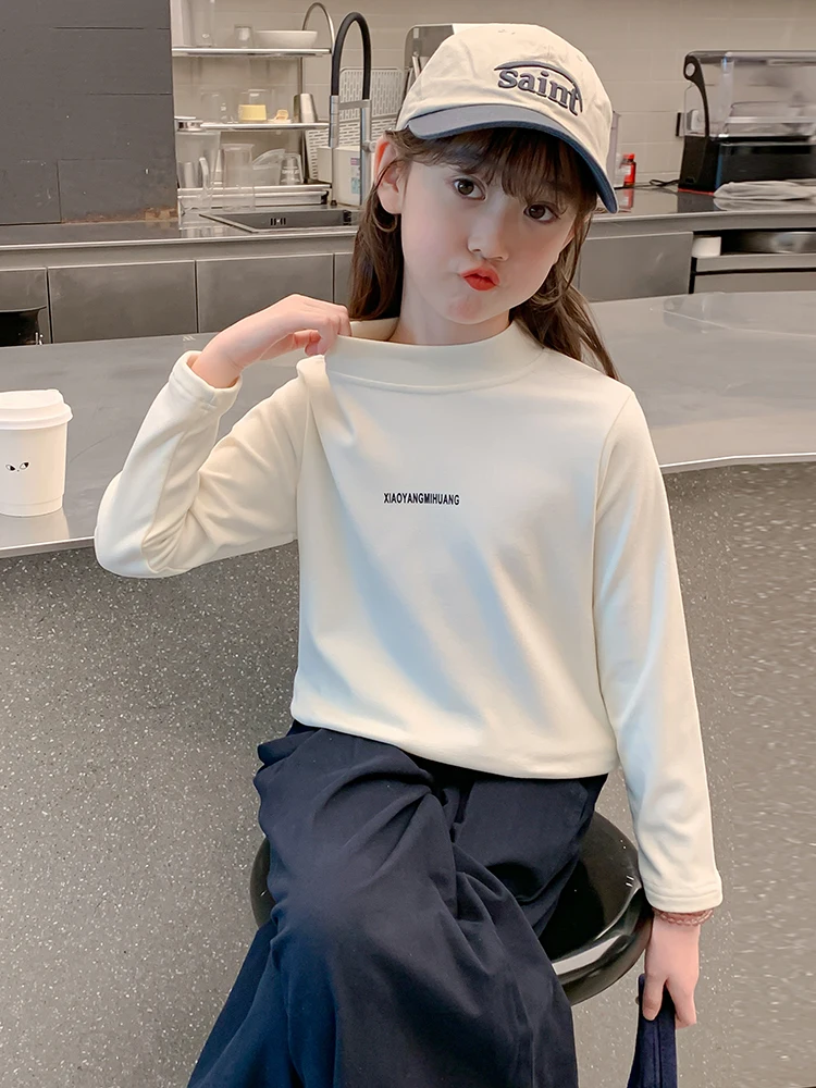 Camiseta de Manga Longa com Forro para Meninas, Roupa Infantil de Algodão Macio, Alta Gola, Ideal para Primavera e Outono