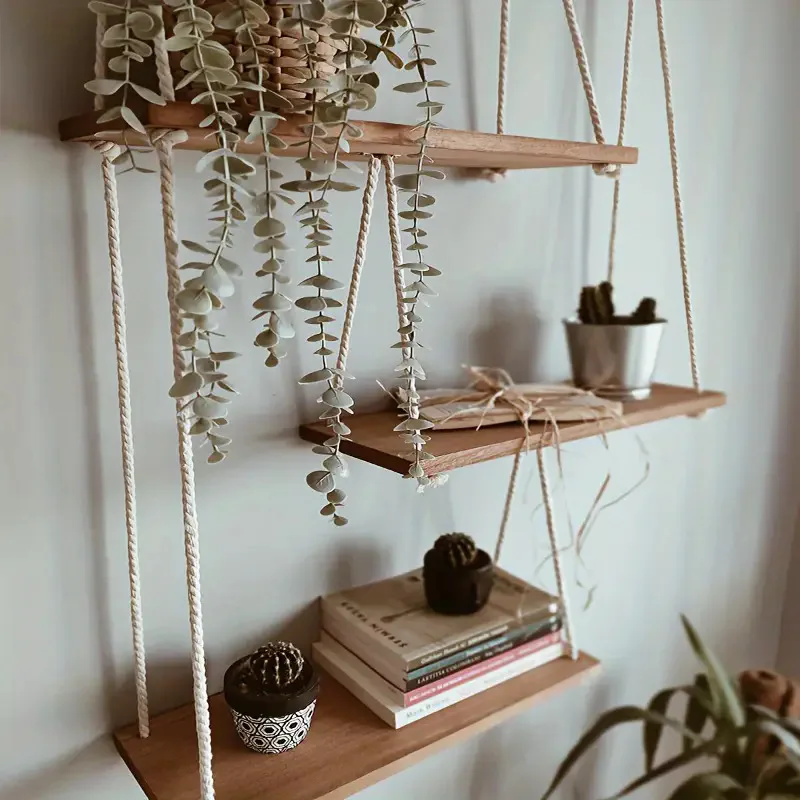 Holz-Wandregal mit Hängeseil, Deko-Regal, kleiner Blumenständer, Badezimmer-Aufbewahrungsorganizer