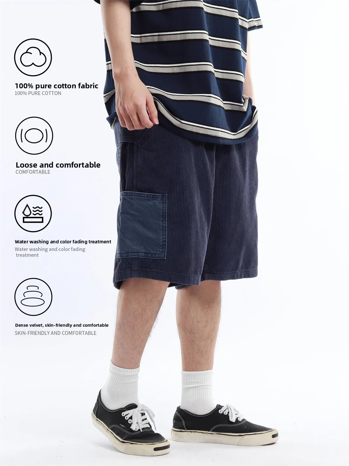 Retro Patchwork Men's Workwear Shorts Corduroy Five-Point Pants Summer New Fashion Brand Loose Fit mid Waist Cotton Jeans
