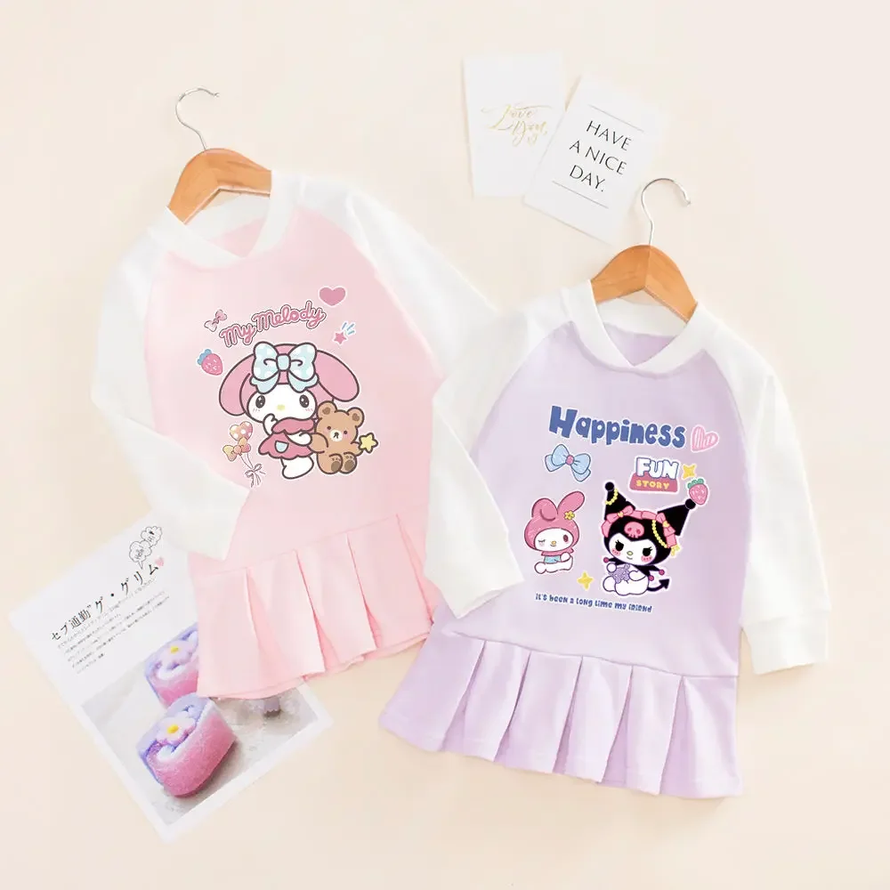 

Girly Heart Kawaii MINISO My Melody Long Sleeve Dress Spring Autumn Cute Kuromi Fashion Hooded Skirt Children Cloth Gifts