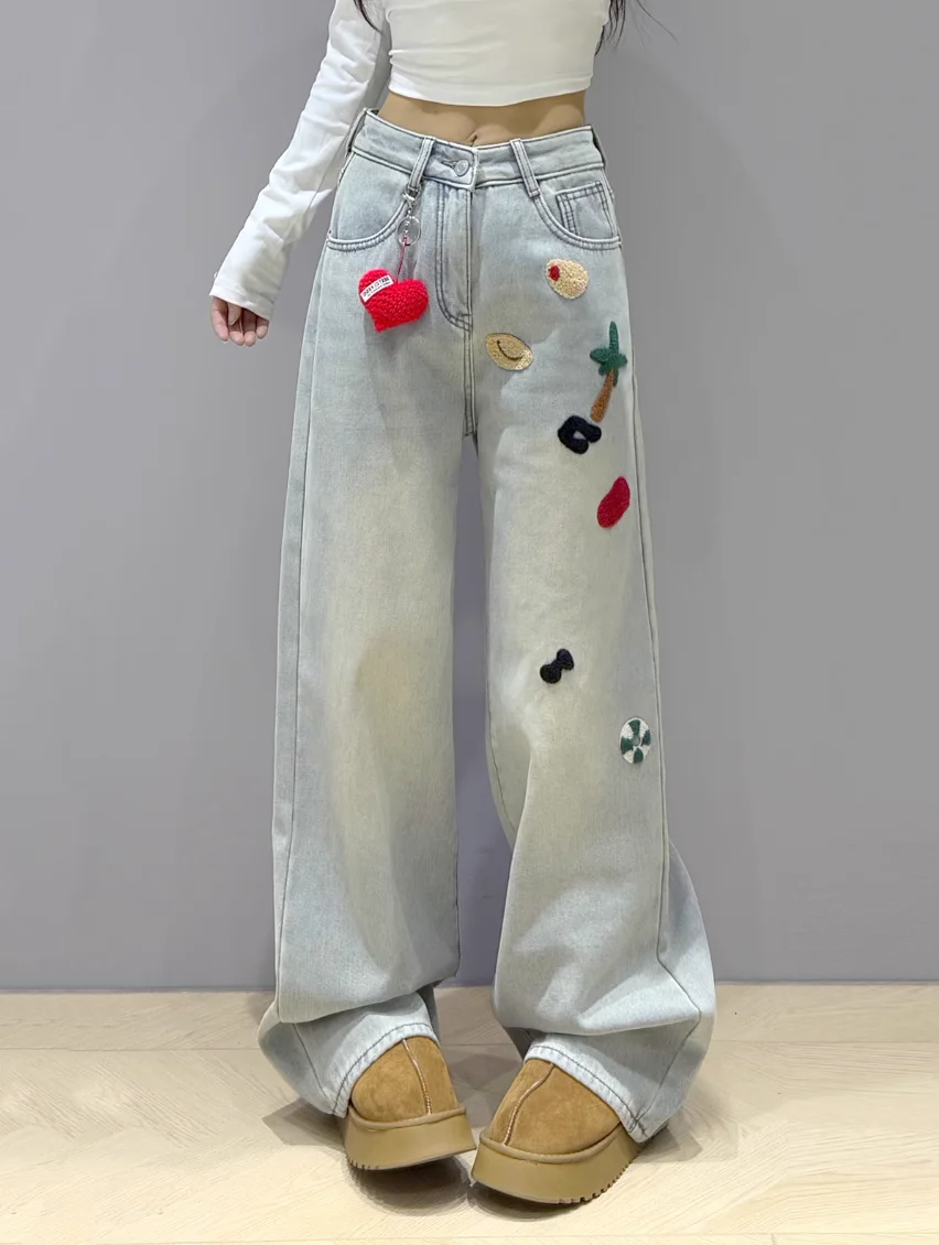 Heavy Industry Embroidered Jeans Women's 2025 Spring New Collection Towel Embroidered Light Color Casual Wide Leg Pants