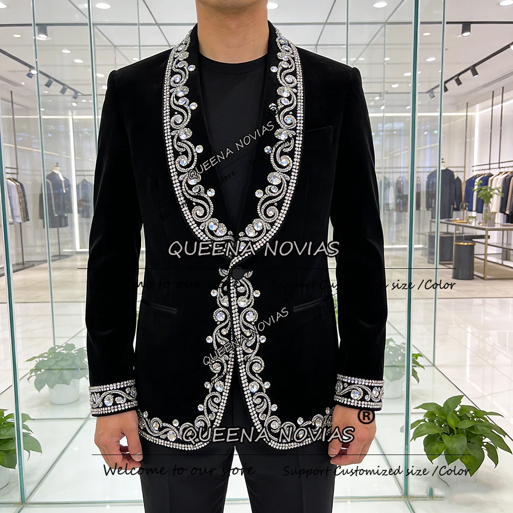 Exclusive Diamond Beading Suit Men Plus Size Velvet Prom Blazers Customized Male Fashion Attire 2 Piece Sets trajes para hombre