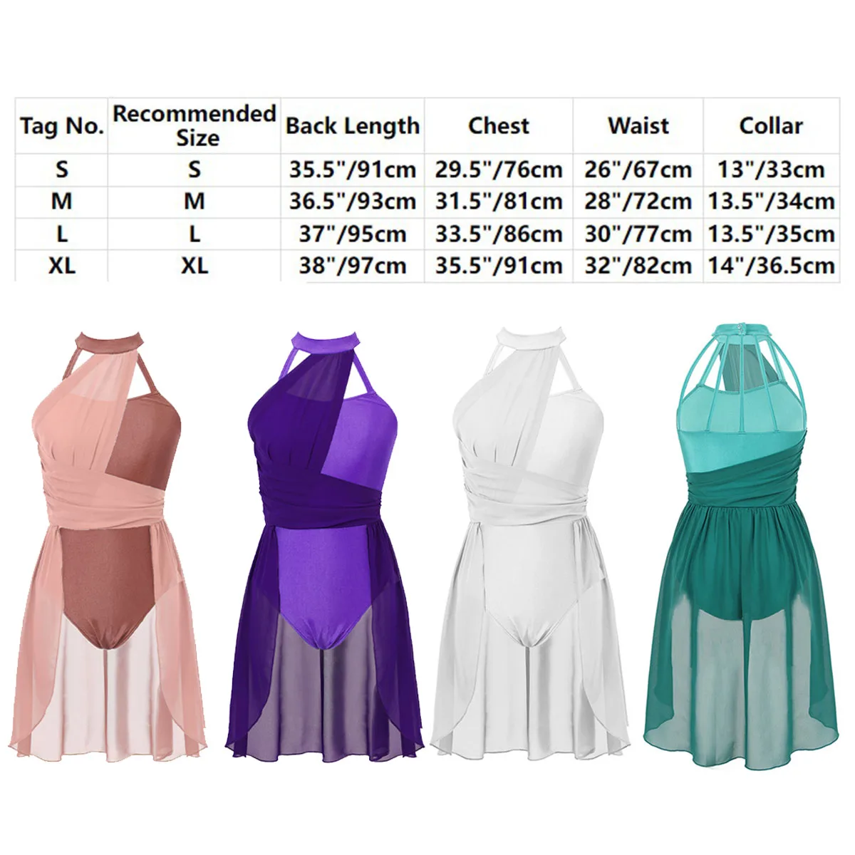 ผู้หญิงผู้ใหญ่ยิมนาสติกชุดเต้นบัลเล่ต์ Tutu ชุด Halter Hollow Out ตาข่าย Patchwork สเก็ตร่วมสมัย Lyrical Dancewear