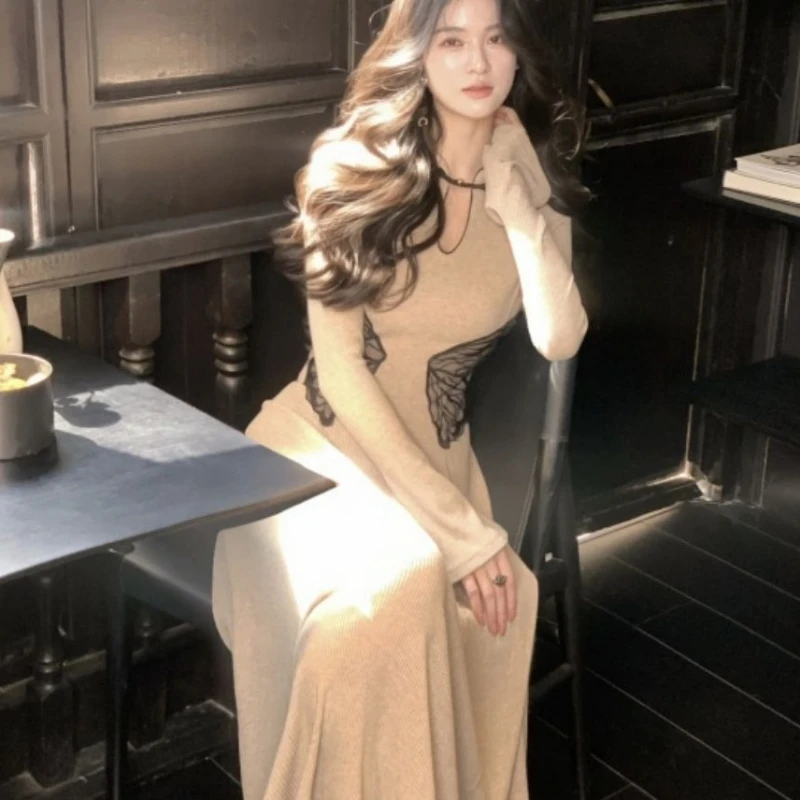 Y2K風ツーピースセット レディース レースニット ハイウエストワンピース + ハーフハイカラースモックワンピース 2025 フェアリーグランジスーツ