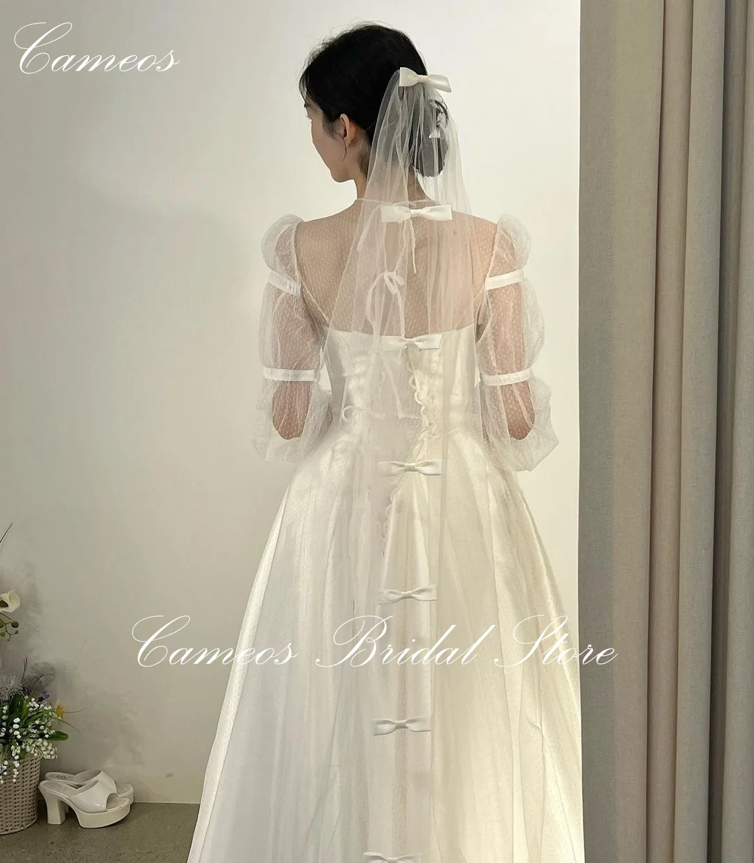 SONDR Korean O-Neck Ivory Wedding Dress A-Line Dotted Mesh Customized Formal Bride Dress 웨딩드레스 Long Sleeves Wedding Gown Bridal