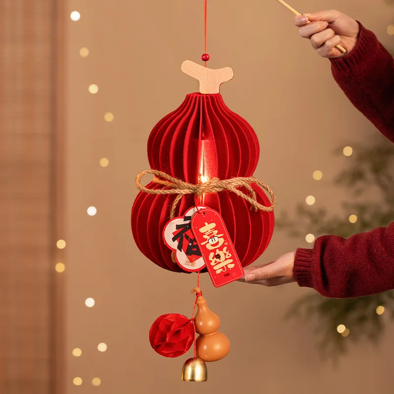 Lucky Red Fu 3D Lantern with Gourd Bell, Festival and Celebration Flannel Lantern, Doorbell Hanging Pendant, Paper Gourd Craft