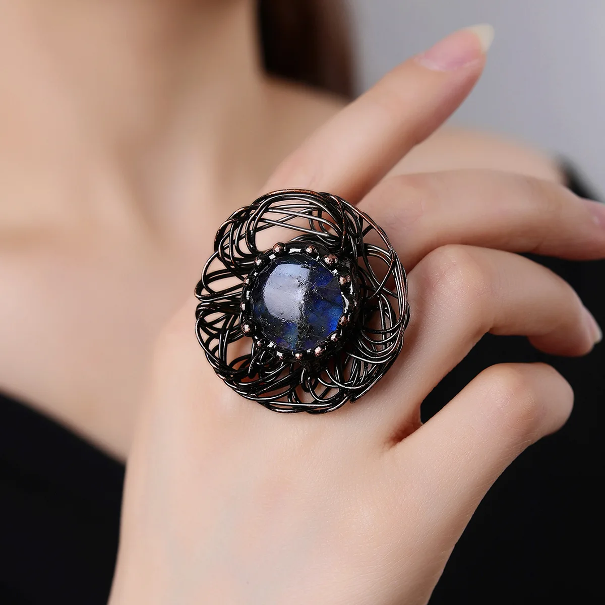 YEEVAA Vintage Bird Nest Design Natural Labradorite Stone Ring, Handcrafted Adjustable Wide Band Ring with Bronze Finish