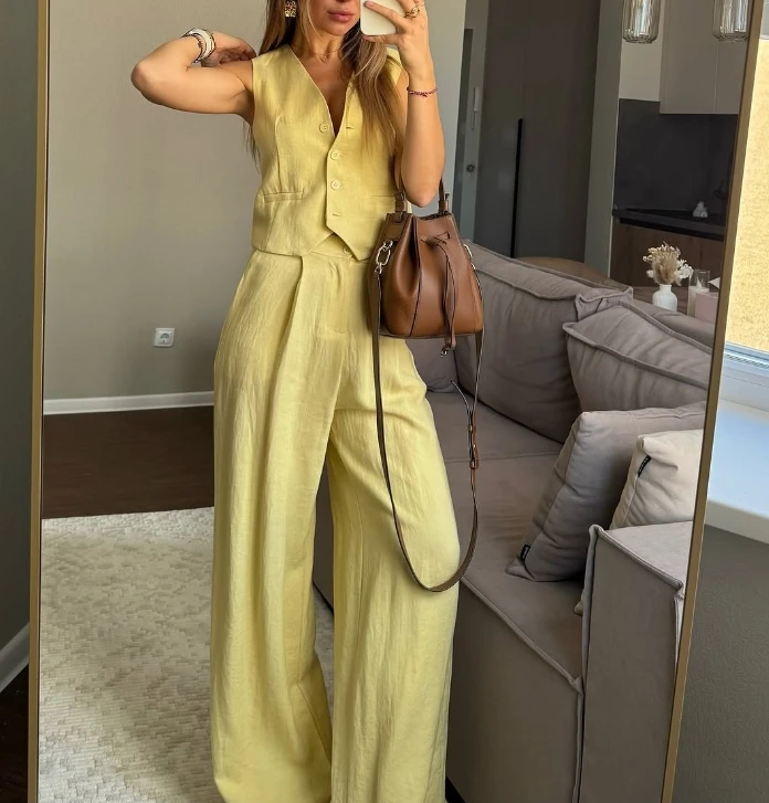 

New Minimalist Style Vest, High Waisted Wide Leg Pants, Casual Suit