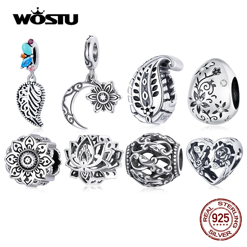 Wostu 925 prata esterlina grânulo florescendo lótus encantos flor pingente caber pulseira original colar boa sorte jóias cqc1724