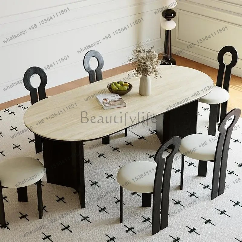 

French cream wind tunnel slate dining table oval dining table solid wood retro medieval dining table and chairs