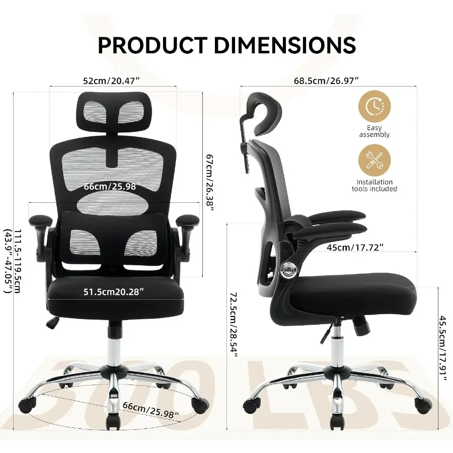 Ergonomic Office Chair for Home/Office Use, Mesh Back with Black Fabric Seat, Adjustable Headrest 4-Level Lumbar Support, Turn-