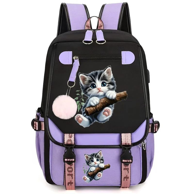 Kawaii Grey Kitten Print Men Women Scoolbags Student Laptop School Rucksack Color Blocking Lightweight Trendy Teen Girl Backpack