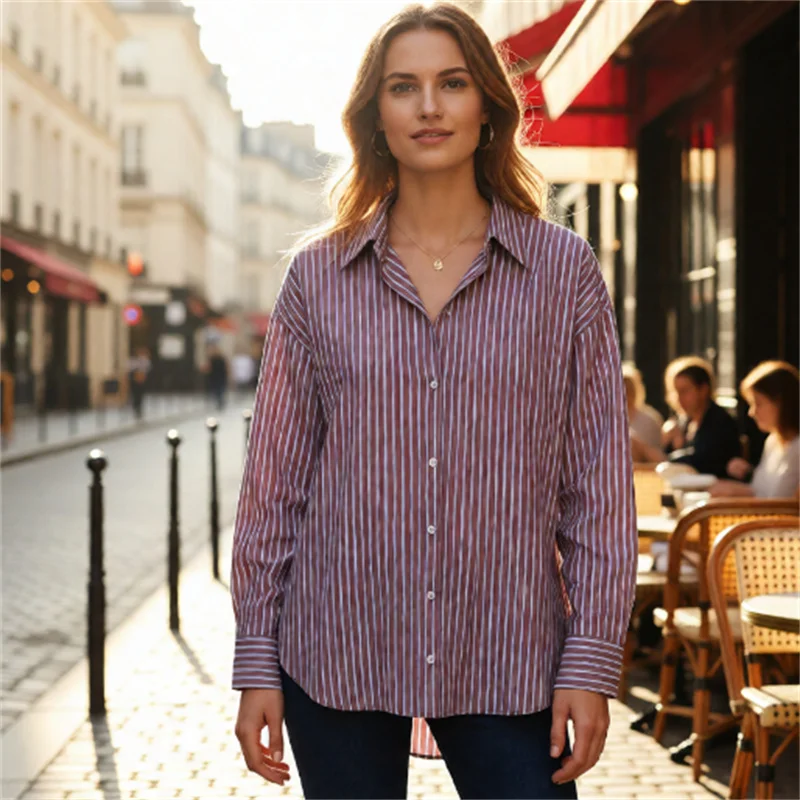 

2026 Spring New Arrival Minimalist Office Wear Ribbed Loose Poplin Shirt