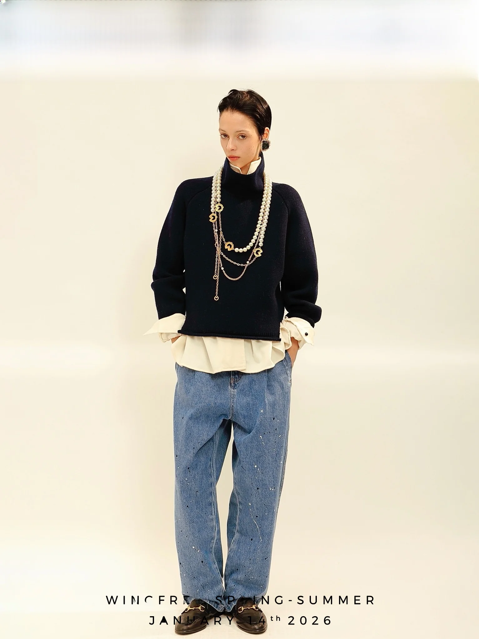 

Свитер Wingfree из темно-синей шерсти кашемира, вязаный, двусторонний, с высоким воротником-стойкой, утепленный, французский стиль, с длинными рукавами