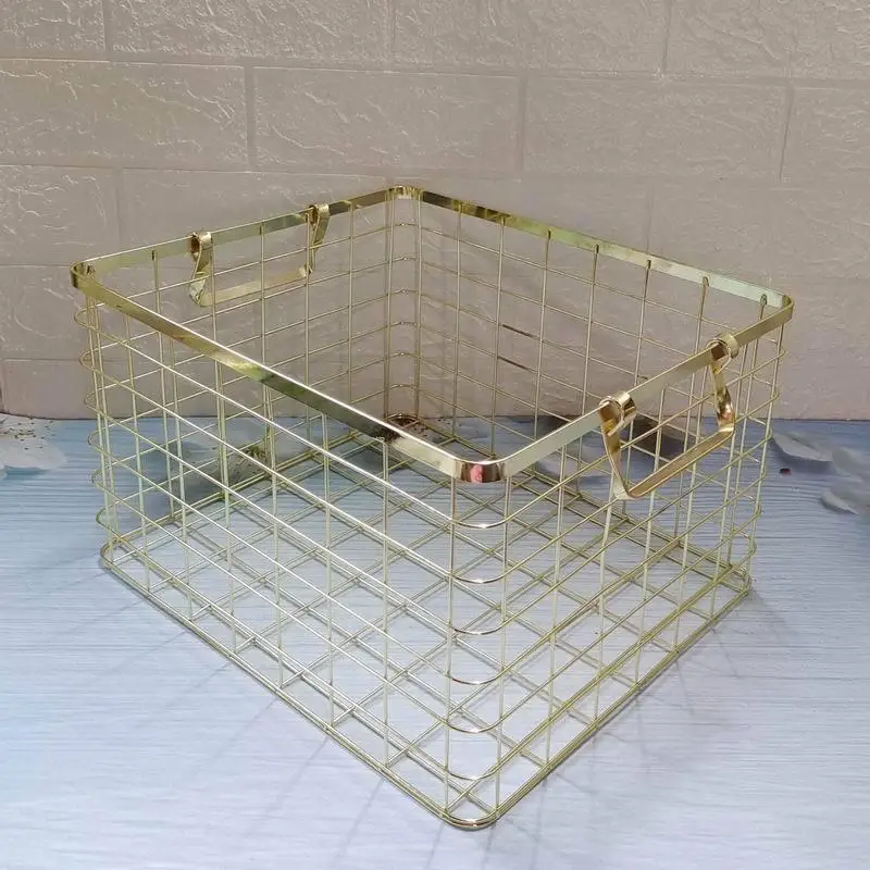 Nordic Style Large Capacity Golden Iron Art Storage Basket with Handle Rose Gold Laundry Basket Home Organization Tool