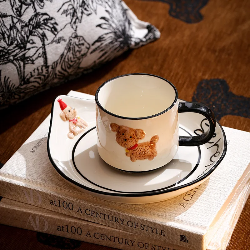 Girls Household Lovely Letter Puppy Ceramic Cup with Lid Spoon Advanced Mug Tulip Cup Afternoon Tea Coffee Cup with Plate