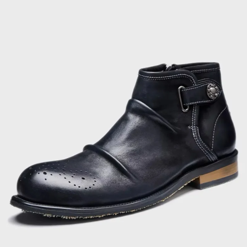 

Retro Mens Genuine Leather Chelsea Boots Luxury Handmade Quality Comfortable British Style Round Toe Black Business Shoes Man