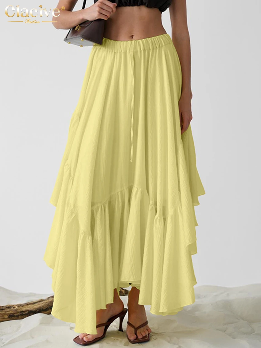 

Clacive Fashion Loose Beige Women's Skirt 2025 Casual High Waist Long Skirt Elegant Classic Pleated Skirt Female Clothing