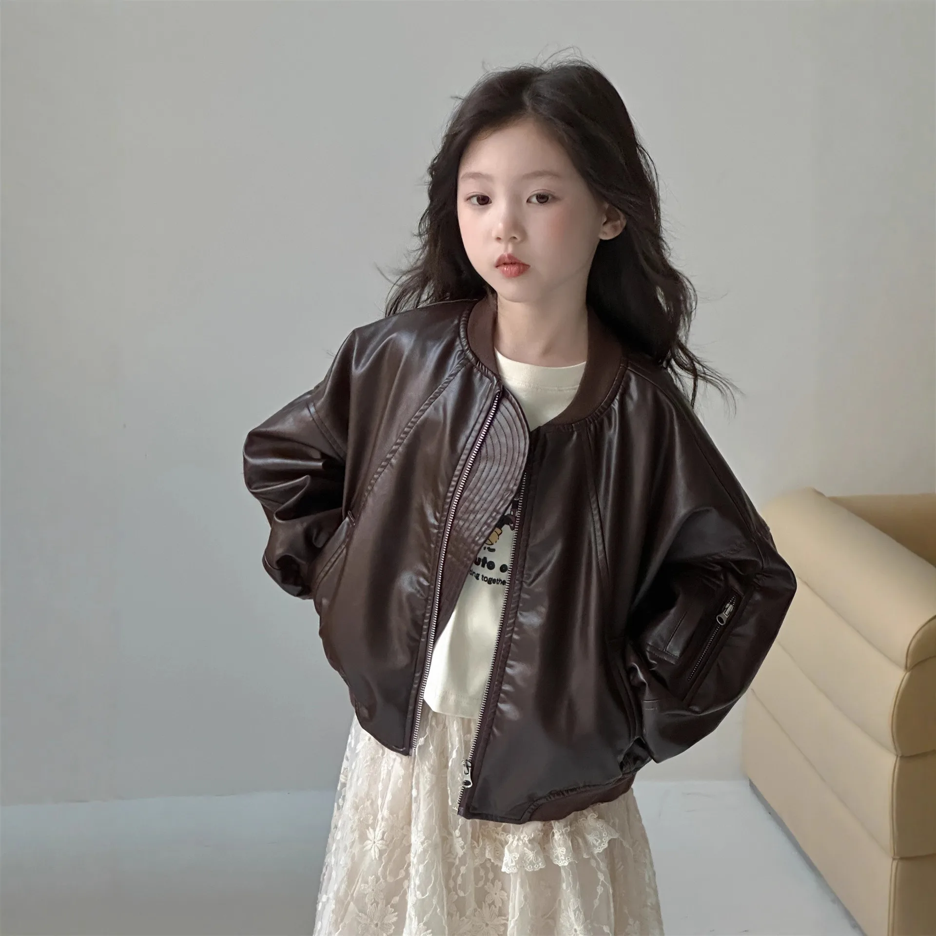 Cool Girl's Biker Style Leather Jacket Fashionable Spring Autumn Outerwear Children's Clothing PU Material Kids' Jacket