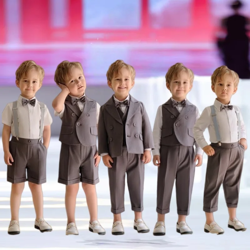 Kids British Style Formal Striped Suit Set Flower Boys Wedding Dress Children's Piano Host Speech Performance Costume