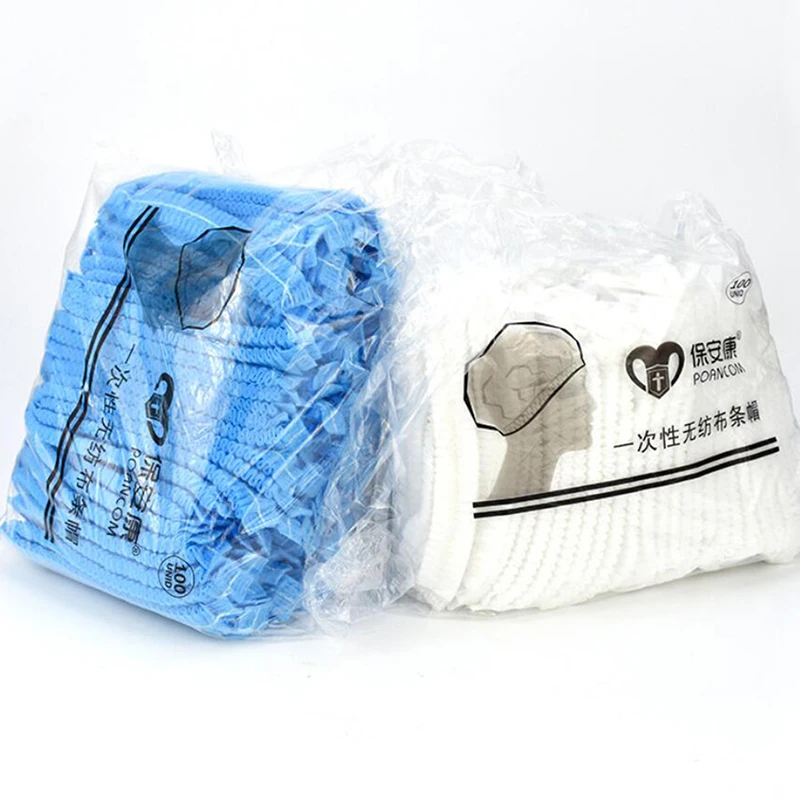 100pcs cappello a strisce monouso in tessuto Non tessuto tappo antipolvere per officina dell'hotel cuffia da doccia bianca blu per accessori di bellezza per parrucchieri Spa