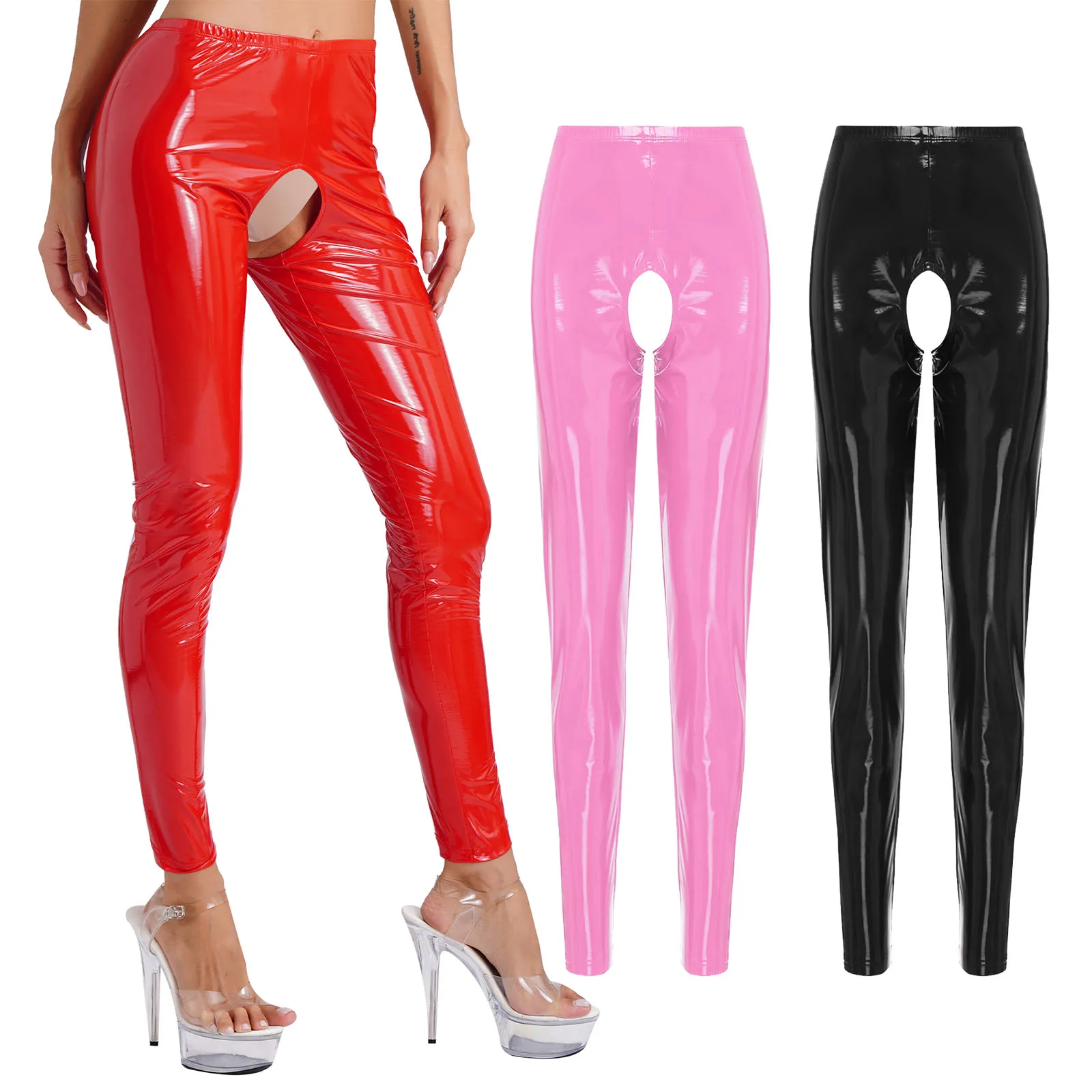 Women Glossy Patent Leather Crotchless Pants Wet Look Rave Dance Elastic Waistband Leggings High Waist Long Pants Sexy Clubwear