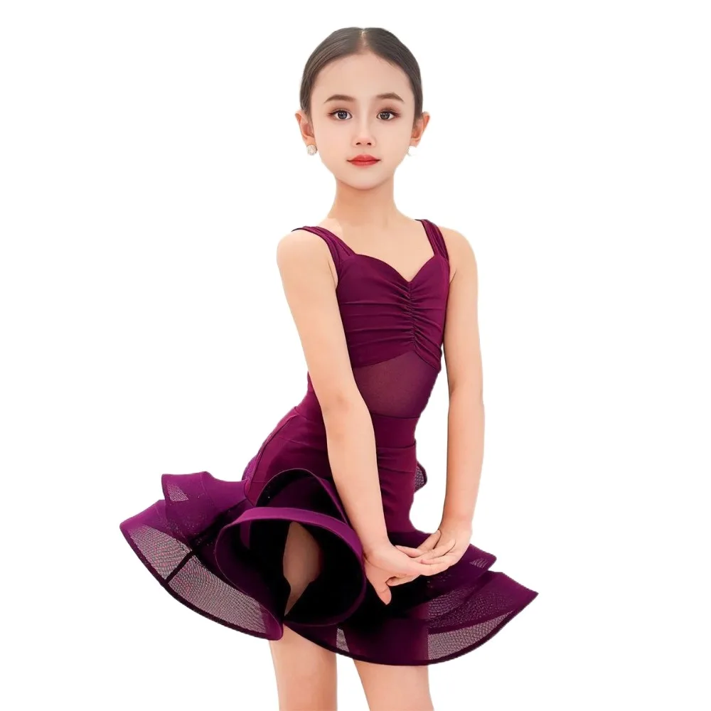 فستان رقص لاتيني احترافي للأطفال أرجواني أنيق لأداء الرقص ملابس سامبا للرقص رومبا زي مسرح الرقص #3