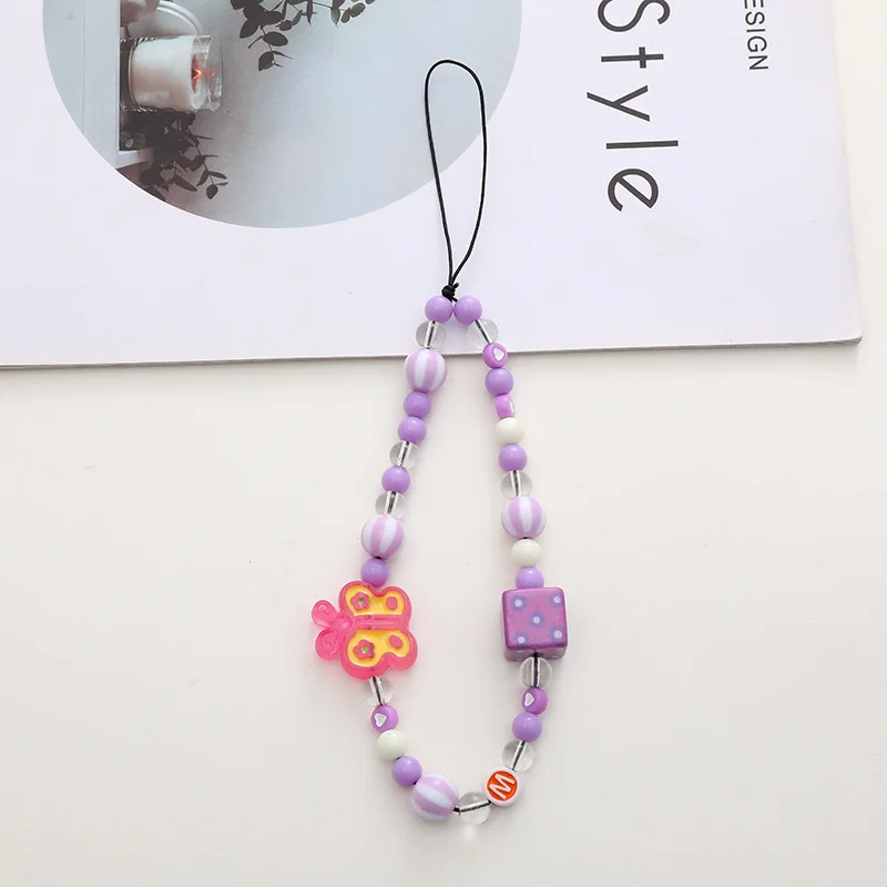 New candy color cartoon bear mobile phone chain DIY mobile phone case lanyard lanyard square plaid electroplated