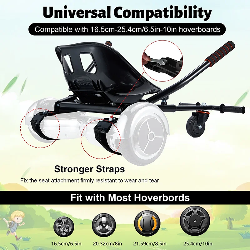 Hoverboard Seat Attachment Go-Kart Fits 6.5”/ 8”/ 10” Hoverboards, Hover Cart for Kids & Adults, Accessory for Self Balancing Sc