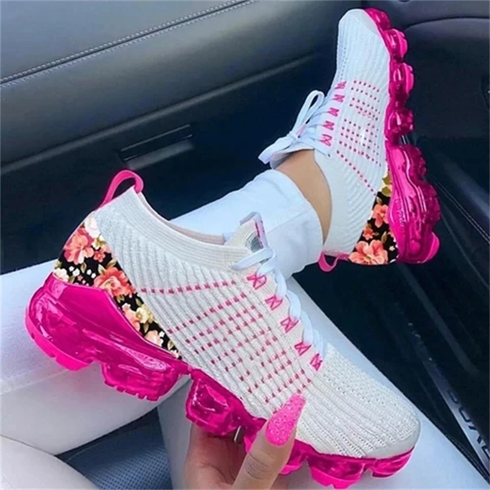 2024 New Sneakers Women Spring Fashion Knitted Fabric Floral Lace Up Ladies Casual Shoes Larged-Size Flats Running Sport Shoes