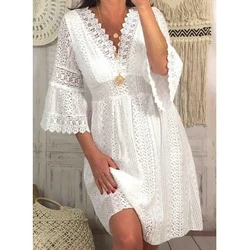 Spring Summer High Waist White Dresses Women Vestidos Elegant Flare Sleeve Dress New Casual V-neck Hollow Out Lace Dress 28307