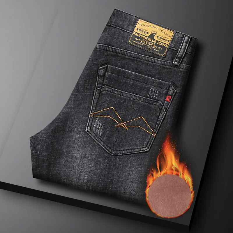 Fashion Designer Men Jeans Retro Washed Elastic Slim Fit Ripped Jeans Men Winter Warm Trousers Vintage Denim Velvet Pants Hombre