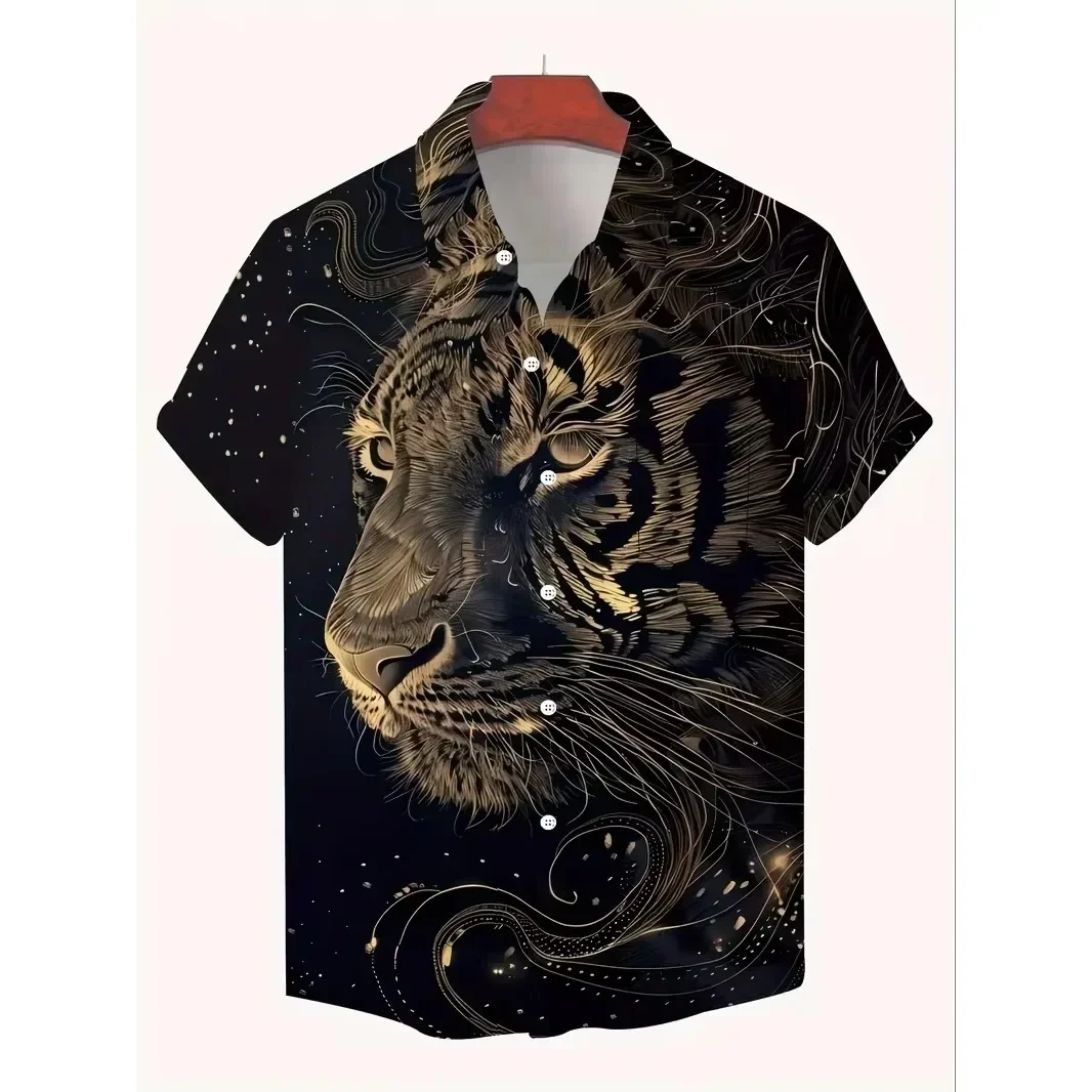 Golden Line Art Tiger Head Print Shirt Men Dark Starry Night Sky Galaxy Glow Luxury Mystic Animals Summer Beach Vacation Camisas