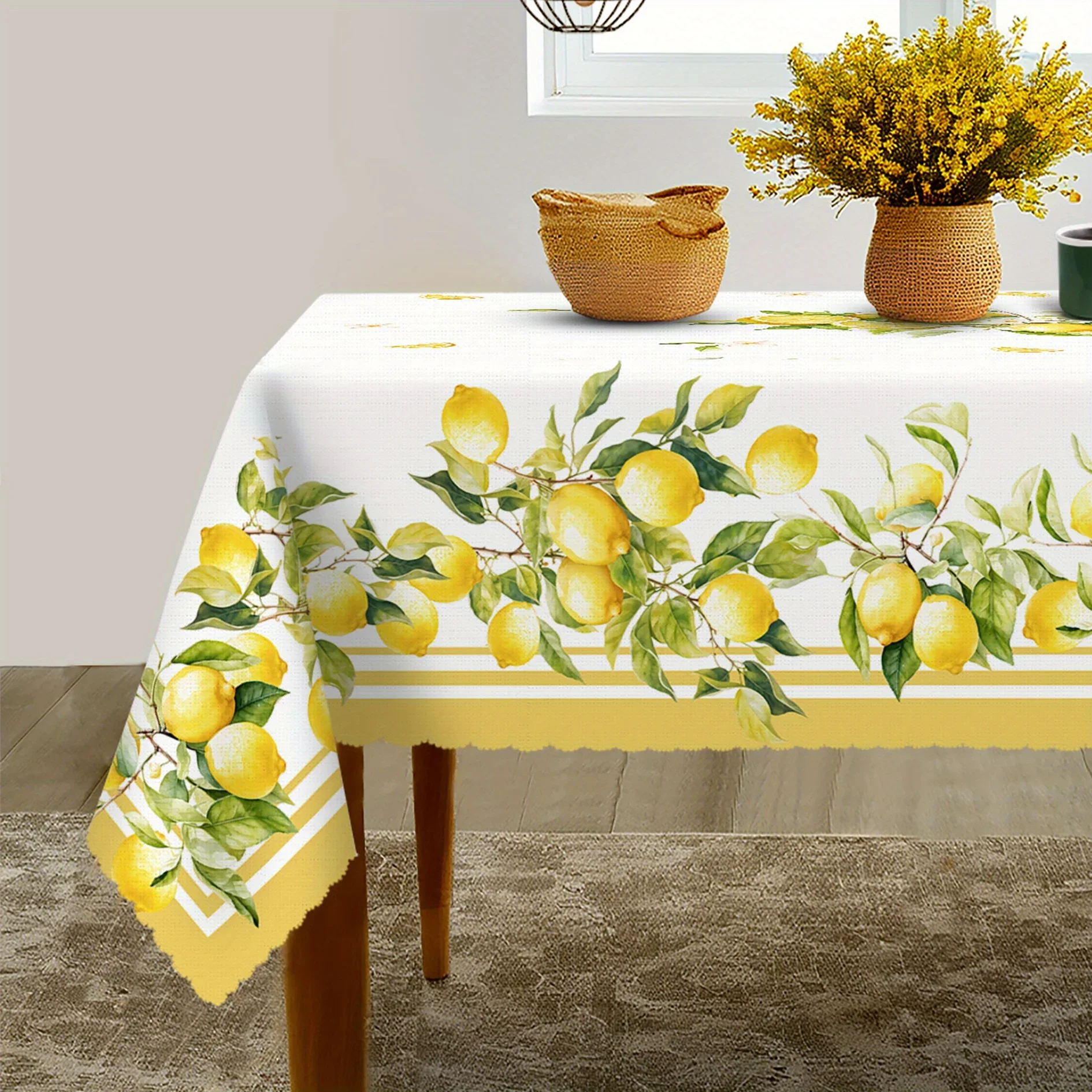 Spring and Summer Lemon Tablecloth, featuring fresh lemons and leaves design,  lemon decoration, yzb
