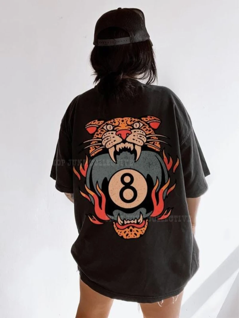 محظوظ ليوبارد المحملة التقليدية الوشم T 8 الكرة قميص ، الجرونج الشارع الشهير خمر الغربية لاكي مي قميص الرقبة قصيرة الأكمام تي شيرت